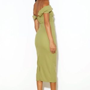 Olive green, off the shoulder, body con, wedding guest